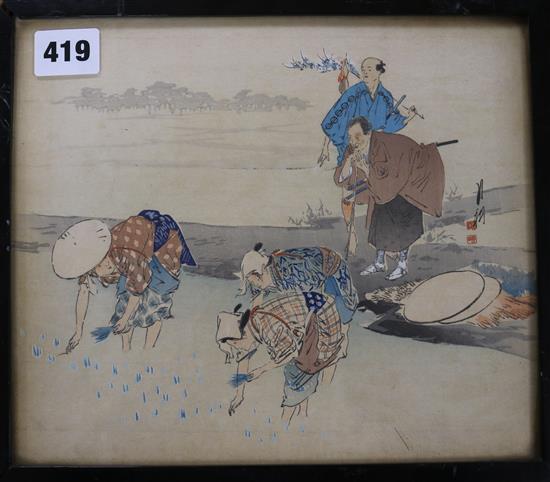 Japanese School, four woodblock prints, figures in landscapes largest 20 x 30cm